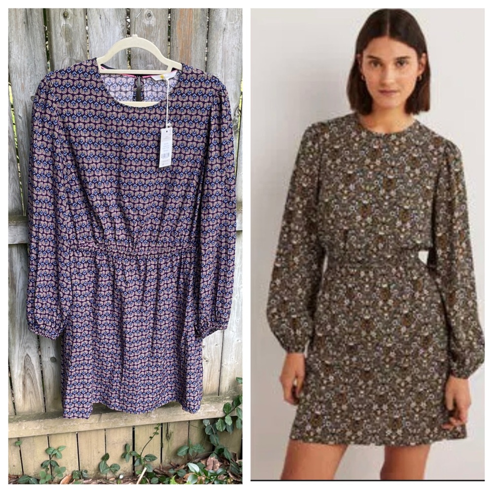 Boden NWT Crew Neck Dress Long Sleeve floral elastic waist pockets D0402 12R 12